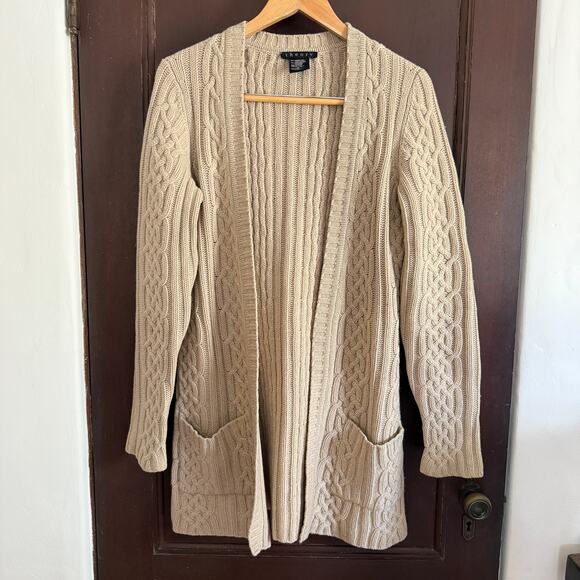 THEORY | Light Tan Merino Wool Cashmere Blend Cable Knit Long Cardigan | Medium - Picture 1 of 7